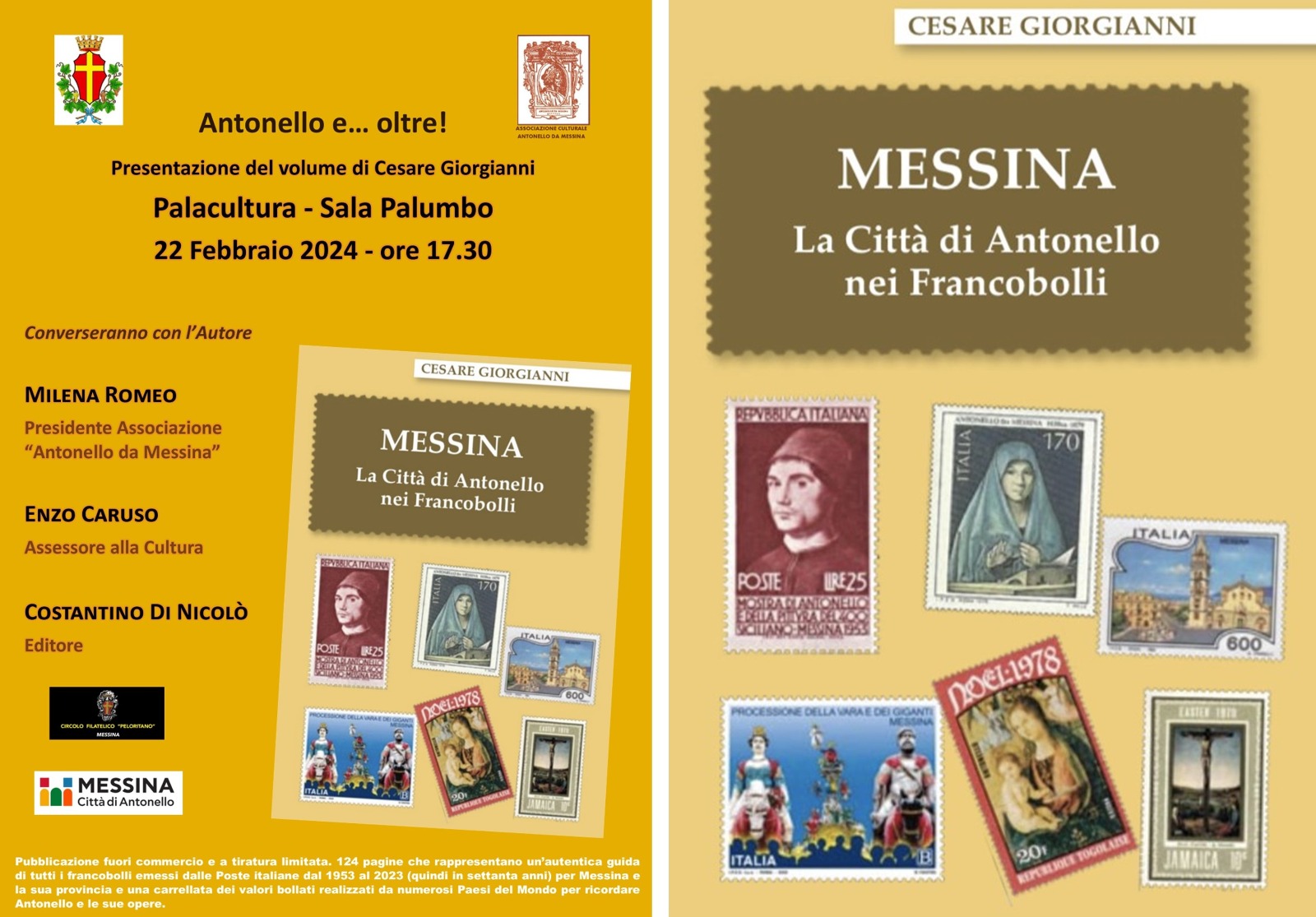 Giovedì 22 al Palacultura Antonello presentazione del volume "Messina La Città di Antonello nei Francobolli"