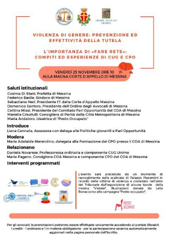 Il 25 novembre l’evento “Violenza di genere: prevenzione ed effettività della tutela – l’importanza di 'fare rete' compiti ed esperienze di CUG e CPO” nell’Aula Magna della Corte d’Appello di Messina