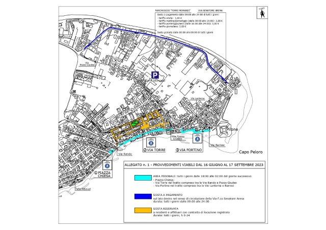Attuazione della delibera di Giunta comunale n. 299 dello scorso 13 giugno: aree pedonali a Torre Faro limitatamente al periodo 16 giugno–17 settembre 2023