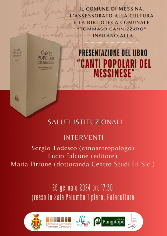 “I Canti popolari del messinese" di Tommaso Cannizzaro: venerdì 26 gennaio la presentazione alla Biblioteca comunale